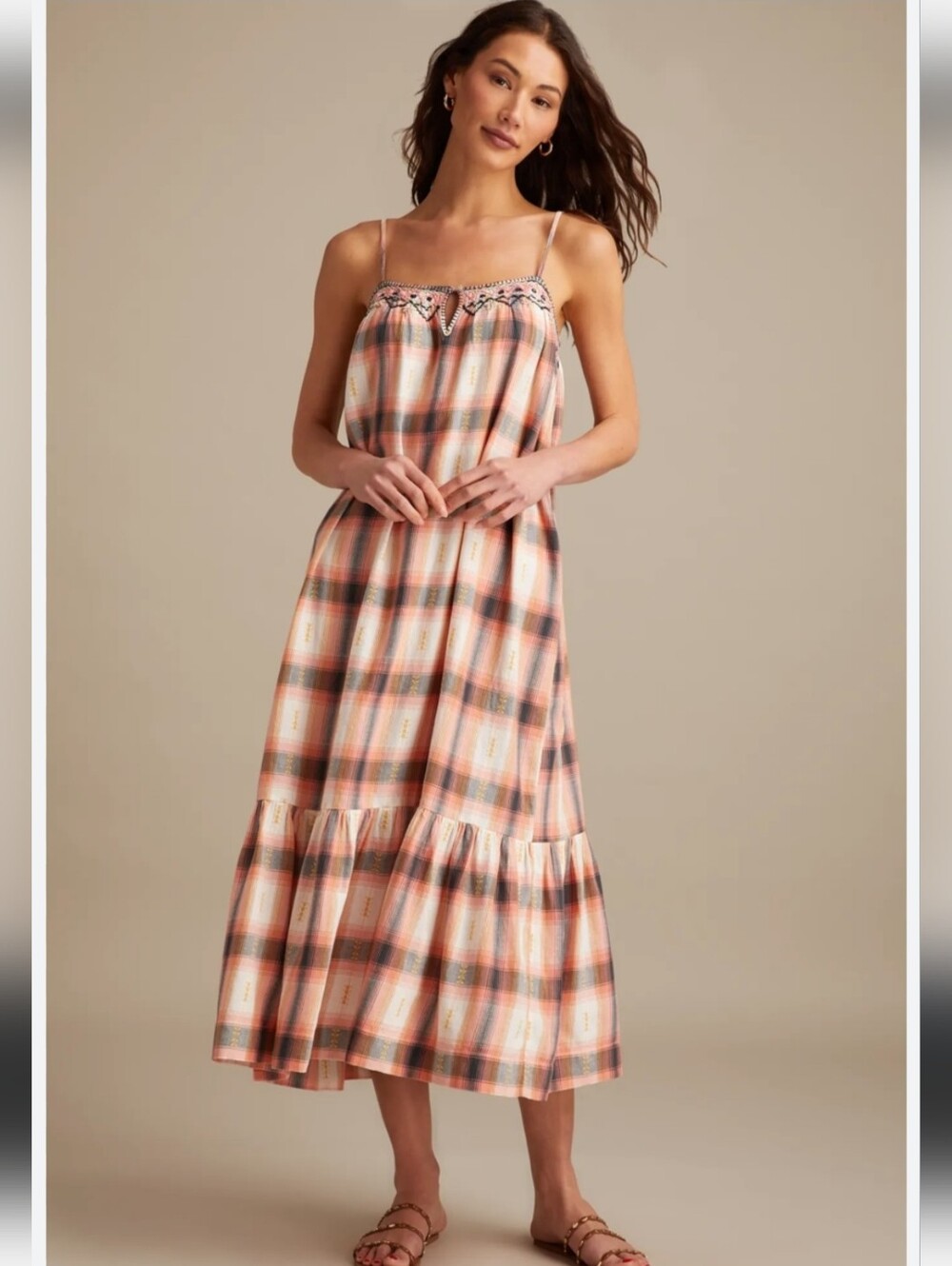 Lucky Brand Market Peach Plaid Spaghetti Strap Dress Bohemian Western Rodeo Med.